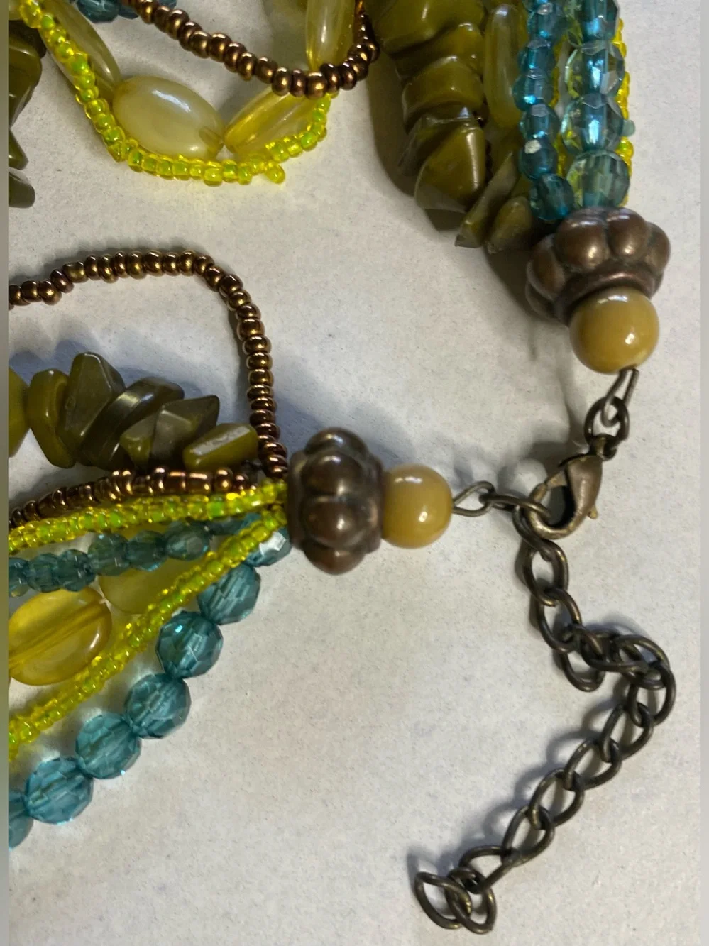 Source Unknown Yellow, Teal & Olive Multi-Strand Beaded Necklace